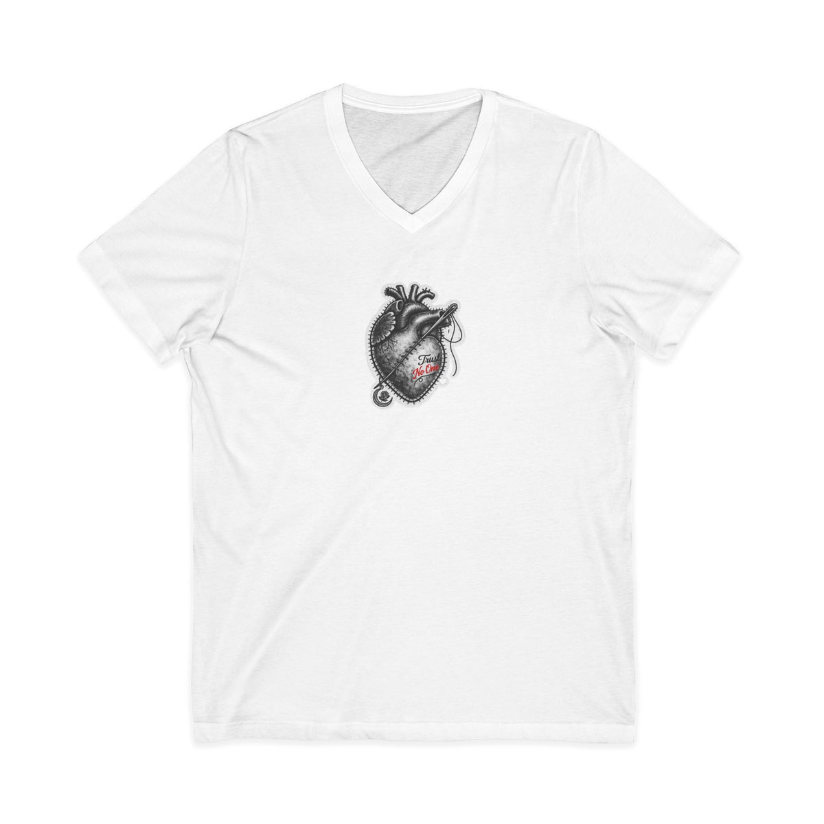 Trust No One Stitched Anatomical Heart V-Neck Tee — No One's Daughters (Charity)