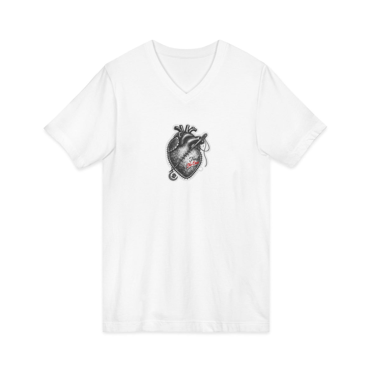 Trust No One Stitched Anatomical Heart V-Neck Tee — No One's Daughters (Charity)